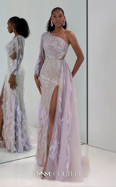 MNM Couture M1310 mesh A-line dress with sequins, beads, and asymmetric sleeve detailing.| Couture Shop LA