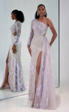 MNM Couture M1310 mesh A-line dress with sequins, beads, and asymmetric sleeve detailing.| Couture Shop LA