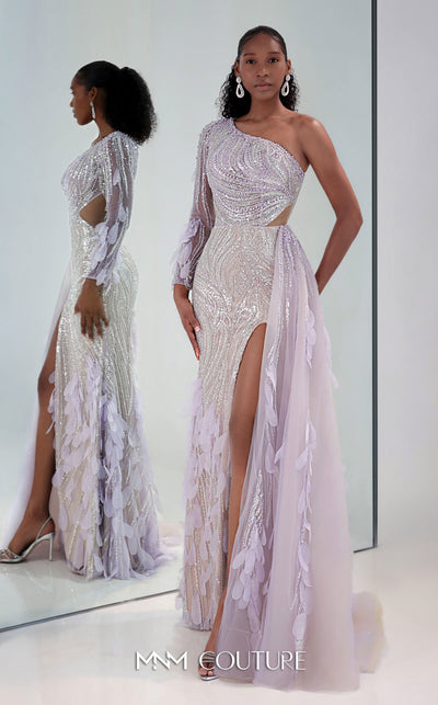 MNM Couture M1310 mesh A-line dress with sequins, beads, and asymmetric sleeve detailing.| Couture Shop LA