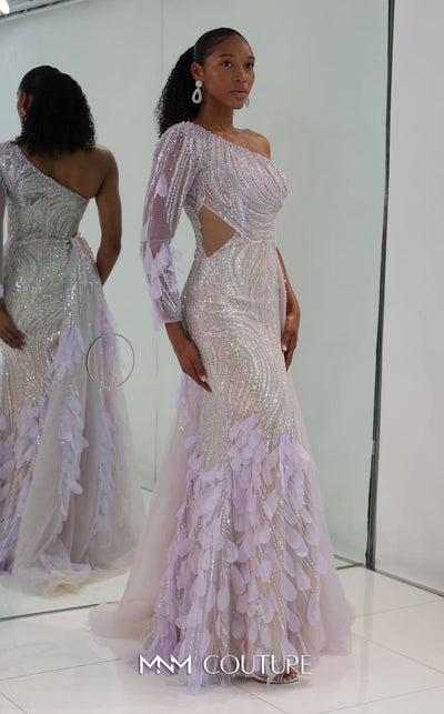 MNM Couture M1310 mesh A-line dress with sequins, beads, and asymmetric sleeve detailing.| Couture Shop LA