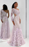 MNM Couture M1310 mesh A-line dress with sequins, beads, and asymmetric sleeve detailing.| Couture Shop LA
