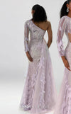 MNM Couture M1310 mesh A-line dress with sequins, beads, and asymmetric sleeve detailing.| Couture Shop LA