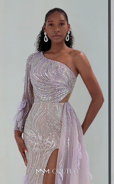 MNM Couture M1310 mesh A-line dress with sequins, beads, and asymmetric sleeve detailing.| Couture Shop LA