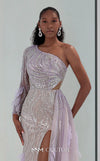 MNM Couture M1310 mesh A-line dress with sequins, beads, and asymmetric sleeve detailing.| Couture Shop LA
