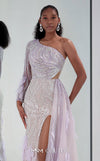MNM Couture M1310 mesh A-line dress with sequins, beads, and asymmetric sleeve detailing.| Couture Shop LA