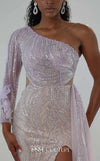 MNM Couture M1310 mesh A-line dress with sequins, beads, and asymmetric sleeve detailing.| Couture Shop LA