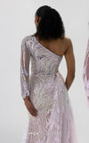 MNM Couture M1310 mesh A-line dress with sequins, beads, and asymmetric sleeve detailing.| Couture Shop LA