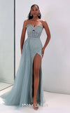 MNM Couture M1311 sleeveless glitter-embellished mesh A-line gown with tulle overskirt and slit.| Couture Shop LA