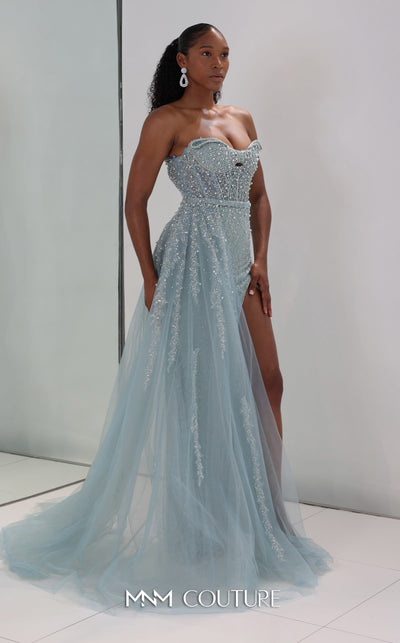 MNM Couture M1311 sleeveless glitter-embellished mesh A-line gown with tulle overskirt and slit.| Couture Shop LA