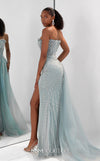 MNM Couture M1311 sleeveless glitter-embellished mesh A-line gown with tulle overskirt and slit.| Couture Shop LA