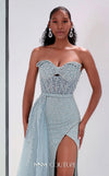 MNM Couture M1311 sleeveless glitter-embellished mesh A-line gown with tulle overskirt and slit.| Couture Shop LA