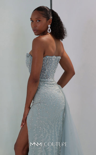 MNM Couture M1311 sleeveless glitter-embellished mesh A-line gown with tulle overskirt and slit.| Couture Shop LA