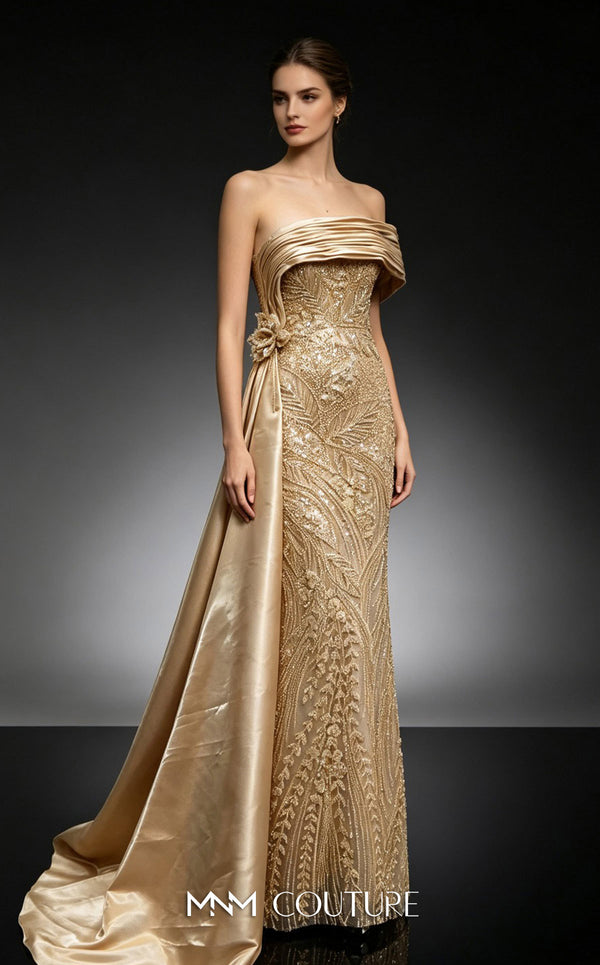 MNM Couture M1313A fully beaded floral column gown with straight-across satin bust draping, side train, and laser-cut flower detail | Couture Shop LA.