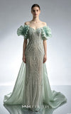 MNM Couture M1314 fully beaded Art Deco column gown with sweetheart neckline, off-shoulder pleated ruffles, and organza train | Couture Shop LA.