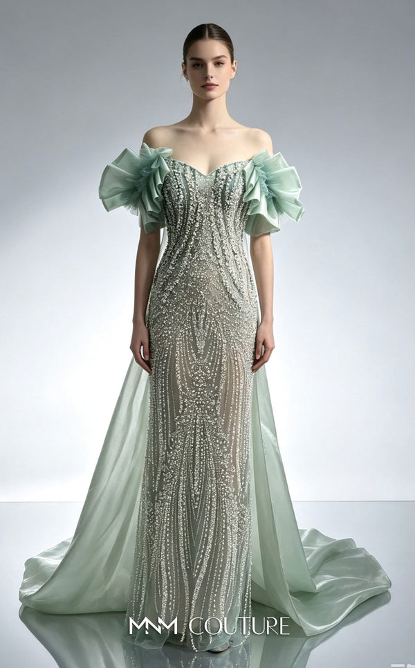 MNM Couture M1314 fully beaded Art Deco column gown with sweetheart neckline, off-shoulder pleated ruffles, and organza train | Couture Shop LA.