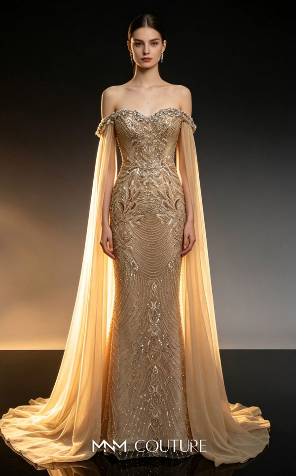 MNM Couture M1315 fully beaded strapless mermaid gown with crystal off-shoulder sweetheart neckline and floor-length sleeve trains | Couture Shop LA.