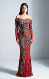 MNM Couture M1316 head-to-toe beaded mermaid gown with scalloped sweetheart neckline, boat neck, and off-shoulder sleeves in petal pattern | Couture Shop LA.