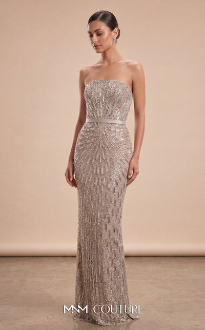 MNM Couture M1319 silver strapless column gown with all-over cascading beaded crystal fringe, sunburst bead pattern from the bust, straight bandeau neckline, satin waistband belt, open back, and center back slit | Couture Shop LA
