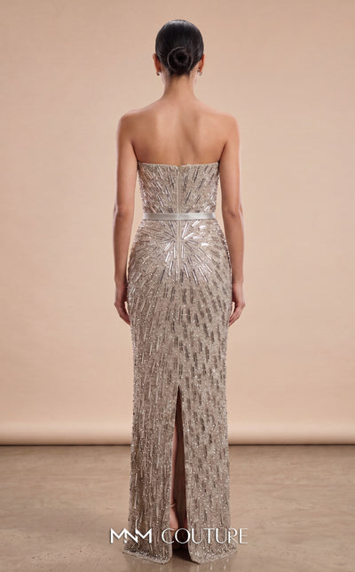 MNM Couture M1319 silver strapless column gown with all-over cascading beaded crystal fringe, sunburst bead pattern from the bust, straight bandeau neckline, satin waistband belt, open back, and center back slit | Couture Shop LA