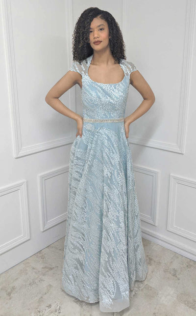MNM Couture M1807 Embroidered Mesh Dress featuring a stylish A-line silhouette, short sleeves, and a beaded belt, perfect for elegant occasions. | Couture Shop LA