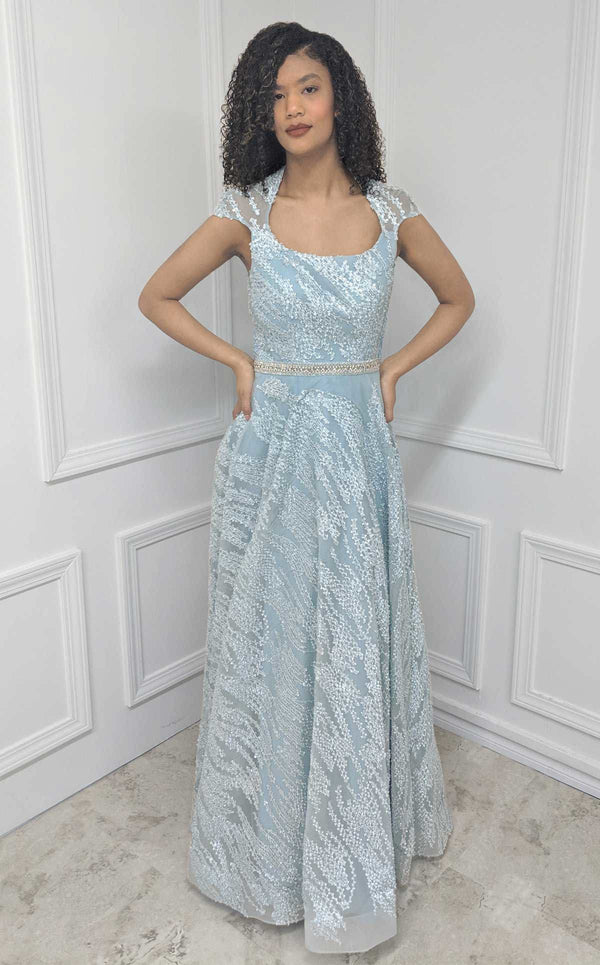 MNM Couture M1807 Embroidered Mesh Dress featuring a stylish A-line silhouette, short sleeves, and a beaded belt, perfect for elegant occasions. | Couture Shop LA