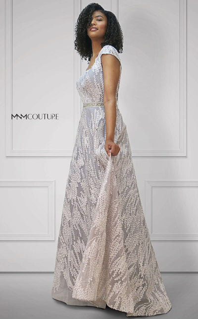 MNM Couture M1809 Embroidered Mesh Dress featuring cap sleeves and a square neckline, showcasing a charming A-line silhouette with beaded waistline adorned with rhinestones and pearls. | Couture Shop LA