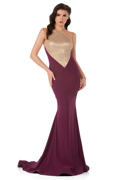 MNM Couture N0014 trumpet gown with illusion shoulders, metallic bodice, and mini train. | Couture Shop LA