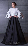 MNM Couture N0111 A-line gown with blouson floral sleeves, sweep train, and high neckline. | Couture Shop LA