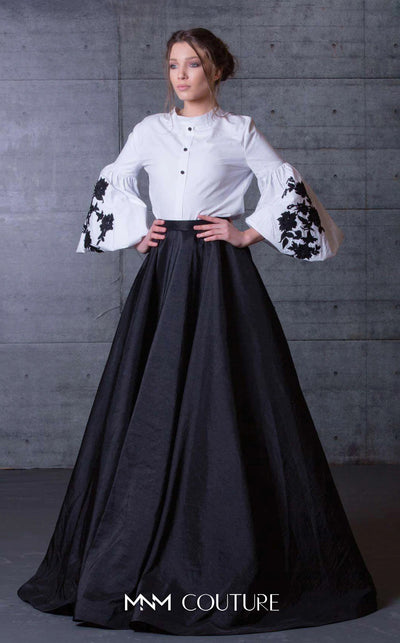 MNM Couture N0111 A-line gown with blouson floral sleeves, sweep train, and high neckline. | Couture Shop LA