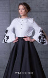 MNM Couture N0111 A-line gown with blouson floral sleeves, sweep train, and high neckline. | Couture Shop LA