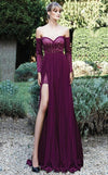 MNM Couture N0117 burgundy column gown with off-shoulder sleeves and thigh-high slit | Couture Shop LA