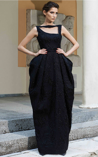MNM Couture N0120 formal dress with asymmetrical chest overlay and stunning sheath silhouette design. | Couture Shop LA