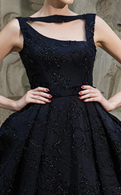 MNM Couture N0120 formal dress with asymmetrical chest overlay and stunning sheath silhouette design. | Couture Shop LA
