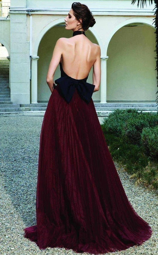 MNM Couture N0124 shirred ballgown with high collar, halter neckline, and open back. | Couture Shop LA
