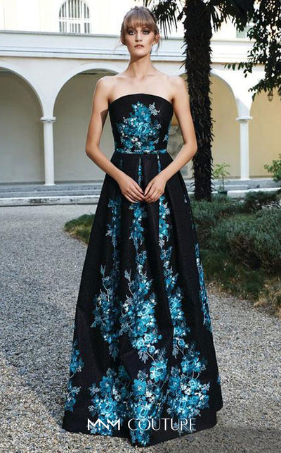 MNM Couture N0126 strapless A-line gown with floral embellishments and pleated skirt. | Couture Shop LA