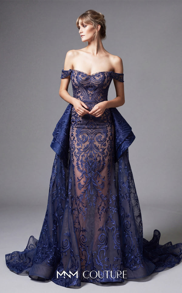 MNM Couture N0134 sweetheart dress with lace embroidery, off-shoulder sleeves, and A-line skirt. | Couture Shop LA