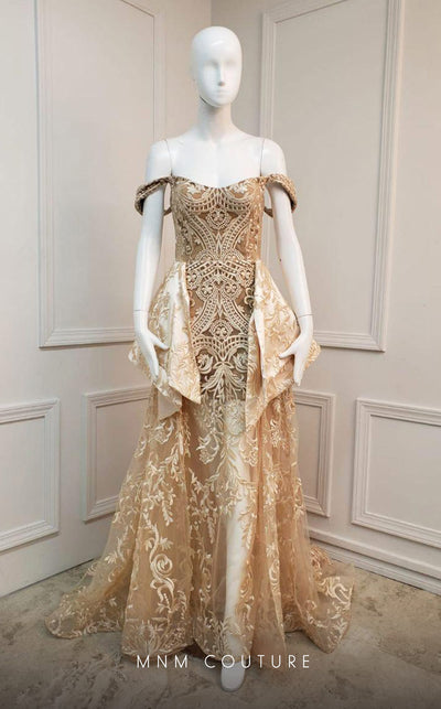 MNM Couture N0134 sweetheart dress with lace embroidery, off-shoulder sleeves, and A-line skirt. | Couture Shop LA