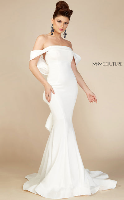 MNM Couture N0145 formal mermaid dress with bowtie back adornment and flowing design panels. | Couture Shop LA