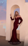 MNM Couture N0230B glitter jersey mermaid gown with shirred bodice and sweep train. | Couture Shop LA