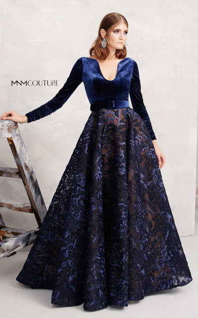 MNM Couture N0263 evening shirt-skirt combo with ruched top and floral sequined overlay skirt. | Couture Shop LA