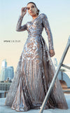 MNM Couture N0270 salmon column gown with illusion fabric, sequins, and overskirt | Couture Shop LA