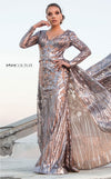 MNM Couture N0270 salmon column gown with illusion fabric, sequins, and overskirt | Couture Shop LA