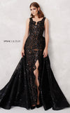 MNM Couture N0272 sleeveless sequined gown with high slit, beaded band, and overskirt. | Couture Shop LA