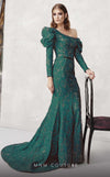 MNM Couture N0281 green column gown with asymmetric sleeves, elegant belt, and sweeping train | Couture Shop LA