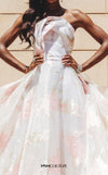 MNM Couture N0290 strapless sweetheart evening gown with embroidery and sheer overlay train details. | Couture Shop LA