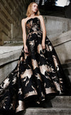 MNM Couture N0290 strapless sweetheart evening gown with embroidery and sheer overlay train details. | Couture Shop LA