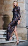 MNM Couture N0293 long-sleeve evening dress with sequin fringe overlay and open back detail. | Couture Shop LA