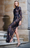 MNM Couture N0293 long-sleeve evening dress with sequin fringe overlay and open back detail. | Couture Shop LA
