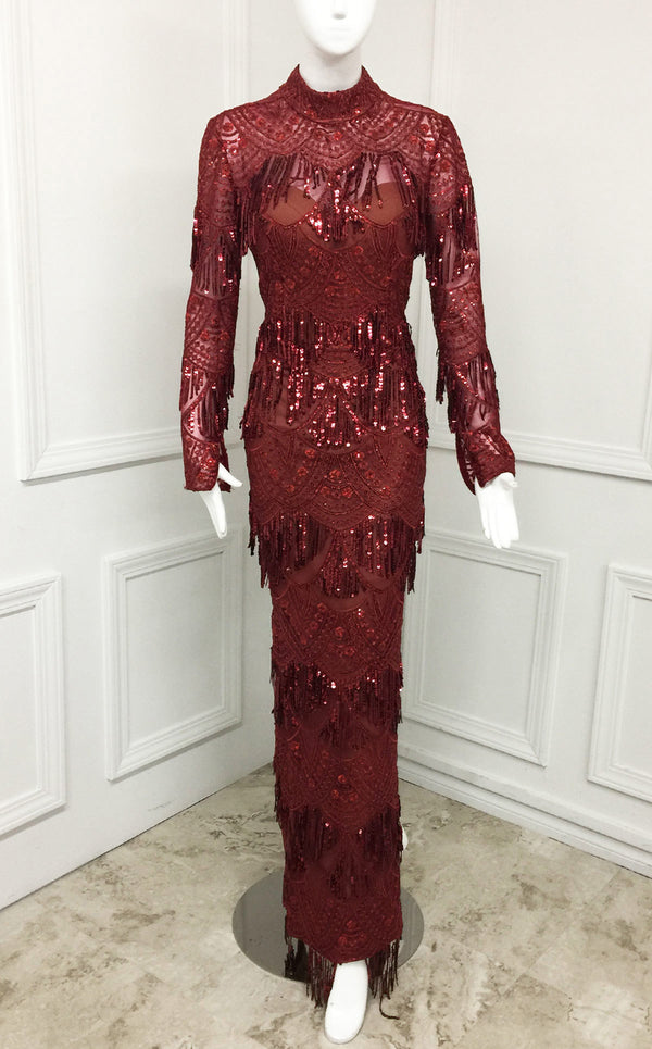 MNM Couture N0293 long-sleeve evening dress with sequin fringe overlay and open back detail. | Couture Shop LA