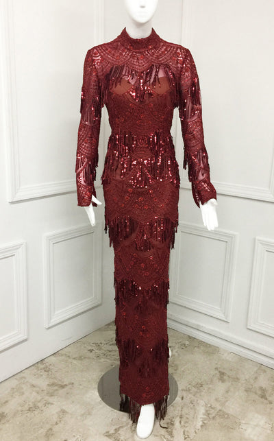 MNM Couture N0293 long-sleeve evening dress with sequin fringe overlay and open back detail. | Couture Shop LA